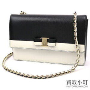 Salvatore Ferragamo Vara Bow Flap Shoulder Bag Black White Calfskin